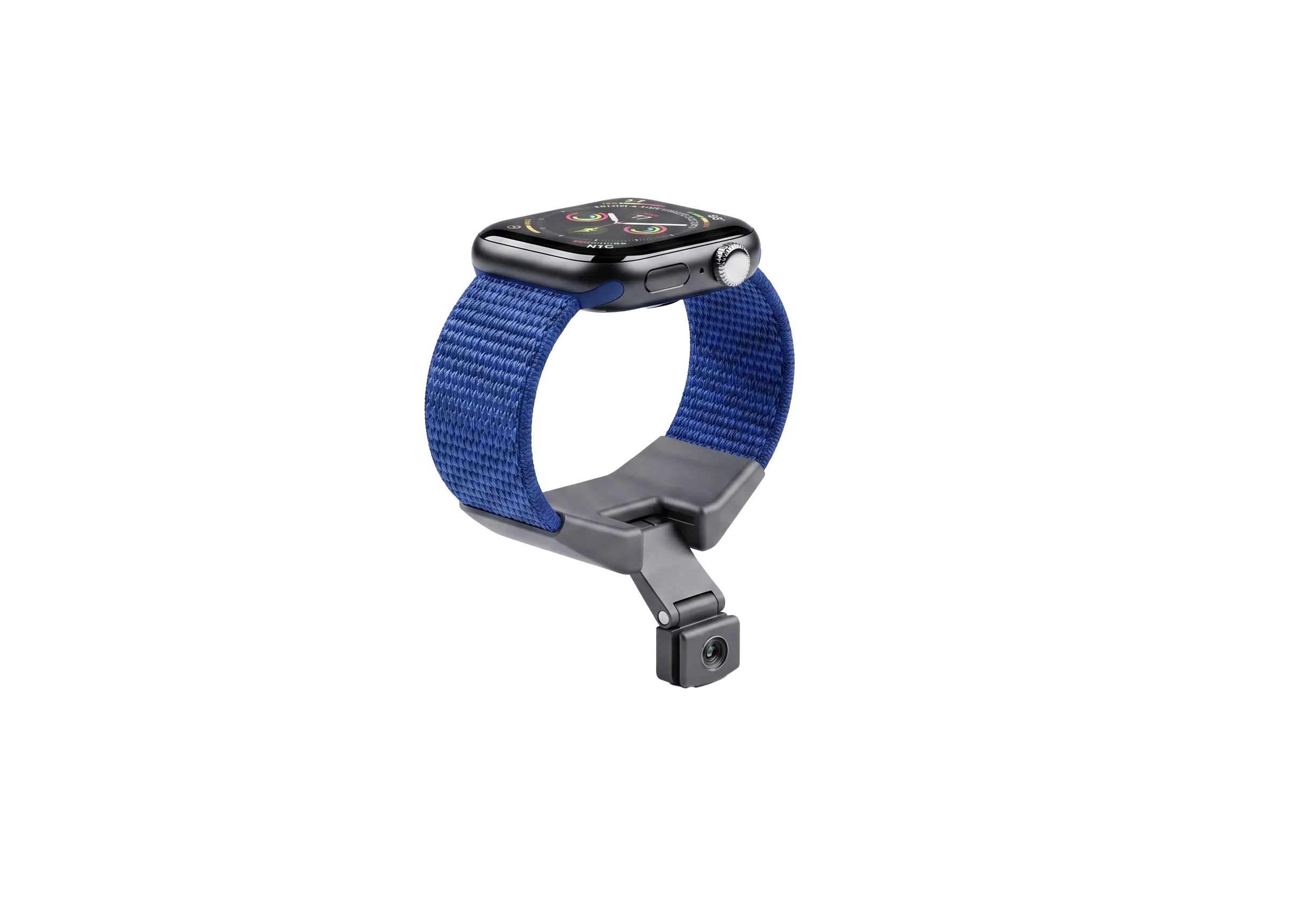 Tap Watch Band — blue nylon loop with anodized housing that holds the optical sensor and IMU.